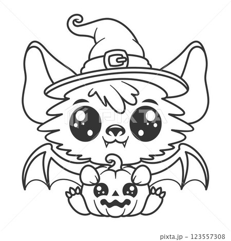 Cute bat animal image design carrying a pumpkin, for coloring 123557308