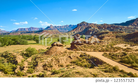 Aerial Red Rock Formations Southwest USA Desert Path Aerial Red Rock Formations Southwest USA Desert Path 123557325