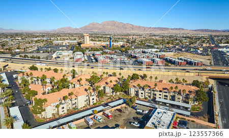 Aerial Suburban Las Vegas Neighborhood with Highway and Mountains Aerial Suburban Las Vegas Neighborhood with Highway and Mountains 123557366