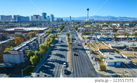 Aerial Las Vegas Skyline and Stratosphere Tower Midday View Aerial Las Vegas Skyline and Stratosphere Tower Midday View 123557373