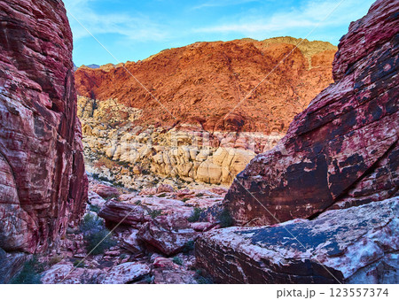 Red Rock Canyon Cliffs at Golden Hour Eye-Level Perspective Red Rock Canyon Cliffs at Golden Hour Eye-Level Perspective 123557374