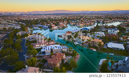 Aerial of Luxurious Las Vegas Neighborhood at Golden Hour 123557413