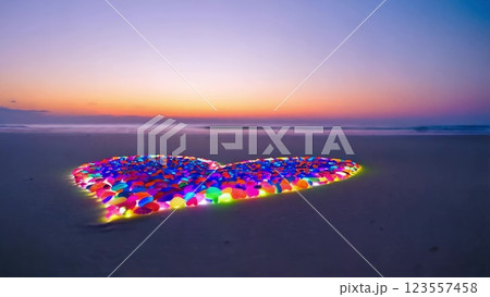 Glowing multicolored heart of pebbles on the beach at sunset 123557458