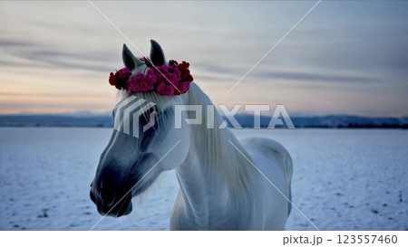 White horse wearing flower crown in snowy landscape at sunset 123557460