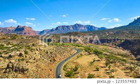 Aerial of Red Rock Formations and Winding Road in Zion National Park Aerial of Red Rock Formations and Winding Road in Zion National Park 123557483