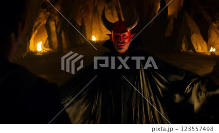 Devil with horns and cape talking in a cave 123557498
