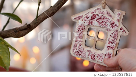 Handcrafted mosaic house DIY craft project designed for home shaped decor and personal expression in creative environments Handcrafted mosaic house DIY craft project designed for home shaped decor and personal expression in creative environments 123557615