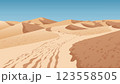 Flat graphic vector illustration of abstract desolate desert landscape with sandy dunes under clear blue sky. Simple decorative cartoon concept of nature scenery. 123558505
