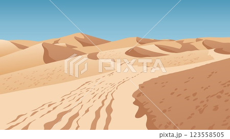 Flat graphic vector illustration of abstract desolate desert landscape with sandy dunes under clear blue sky. Simple decorative cartoon concept of nature scenery. 123558505