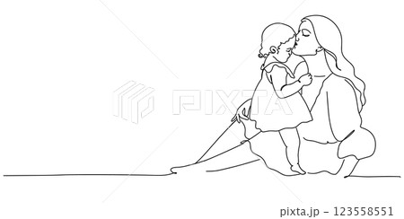 母が子供にキスするシンプルな線画イラスト　母の日　愛 123558551