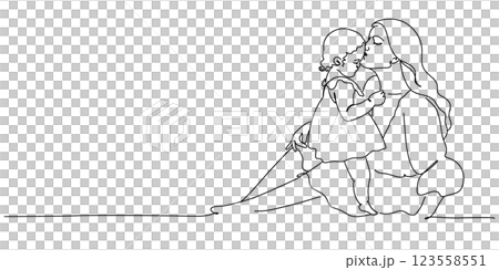 母が子供にキスするシンプルな線画イラスト　母の日　愛 123558551
