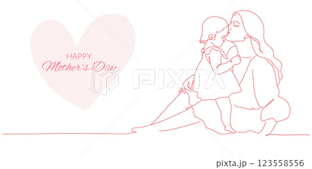 母の日　母が子供にキスするシンプルな線画イラスト　マザーズデー 123558556