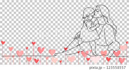 Simple line drawing illustration of a mother kissing her child and a heart flower Mother's Day 123558557