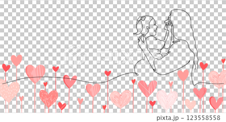Simple line drawing illustration of a mother and child hugging and laughing and a heart flower Mother's Day 123558558