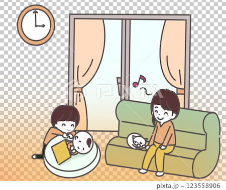 Illustration of parents and children relaxing in a room 123558906