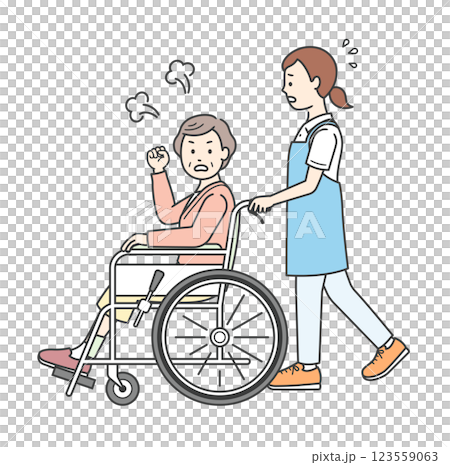 Full-body illustration of an angry elderly woman sitting in a wheelchair and a female caregiver providing assistance 123559063