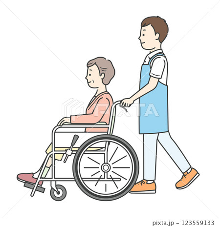 車椅子の高齢女性と介助ををする男性介護士の全身イラスト 車椅子の高齢女性と介助ををする男性介護士の全身イラスト 123559133
