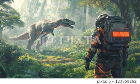 Futuristic explorer confronts roaring dinosaur in lush prehistoric jungle 123559162