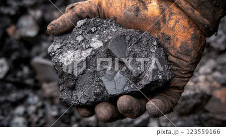 Close-up of rough black coal rock in worker s hand wearing glove in industrial setting Close-up of rough black coal rock in worker s hand wearing glove in industrial setting 123559166