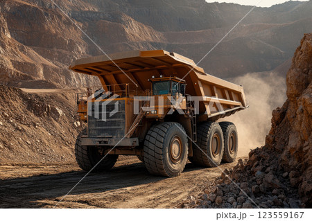 Massive yellow dump truck navigating a dusty open-pit mine with steep rock walls 123559167