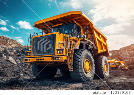 Massive yellow dump truck on construction site with blue sky and earth mover in background 123559168