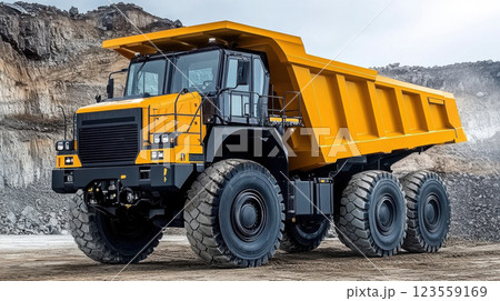 Yellow heavy-duty dump truck in industrial quarry with rocky background and dramatic sky 123559169