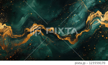 Abstract gold streaks on dark green marble texture with artistic swirls and splashes Abstract gold streaks on dark green marble texture with artistic swirls and splashes 123559170