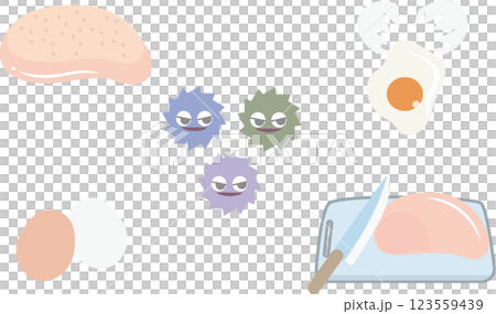 鶏肉や卵に付着するサルモネラ菌に関するイラスト 123559439