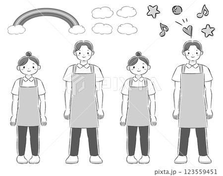 エプロンを付けた笑顔の男女の手描きイラストセット（飾り用パーツ付き） 123559451