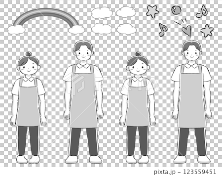 エプロンを付けた笑顔の男女の手描きイラストセット（飾り用パーツ付き） 123559451