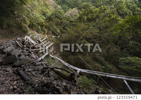土砂崩れして通行止めになった道 123559471