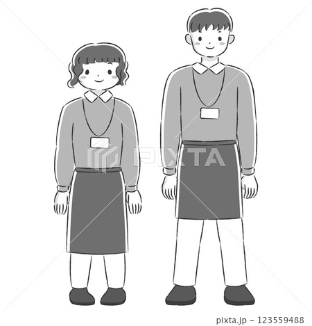 エプロンを付けた笑顔の男女の手描きイラストセット 123559488