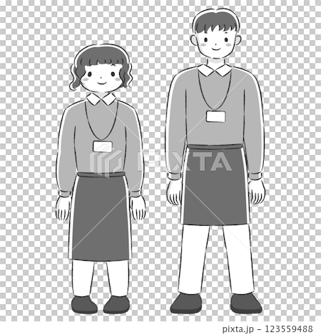 エプロンを付けた笑顔の男女の手描きイラストセット 123559488