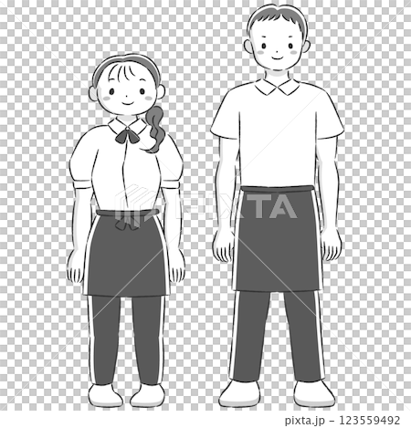 エプロンを付けた笑顔の男女の手描きイラストセット 123559492