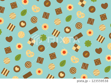 ハートやリフーなどのクッキーのパターンのイラスト_水色 123559538
