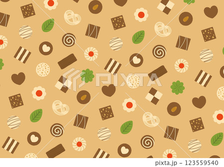 ハートやリフーなどのクッキーのパターンのイラスト_茶色 ハートやリフーなどのクッキーのパターンのイラスト_茶色 123559540