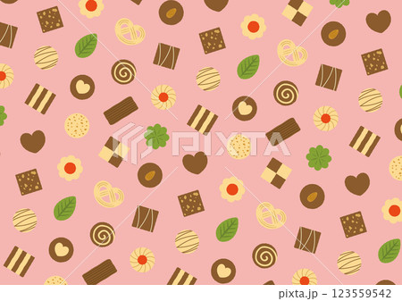 ハートやリフーなどのクッキーのパターンのイラスト_ピンク ハートやリフーなどのクッキーのパターンのイラスト_ピンク 123559542