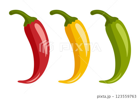 Chili Peppers Vector Set, Isolated. Red, Yellow, Green Hot Peppers, Spicy Food Ingredients, Mexican Cuisine, Fresh Organic Vegetables. Vector Illustration for Food Design 123559763