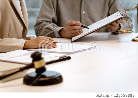 Lawyer and client are listening and giving advice about a legal case Lawyer and client are listening and giving advice about a legal case 123559885