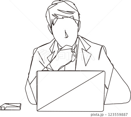 ノートパソコンの前で考えるビジネスパーソンの線画イラスト ノートパソコンの前で考えるビジネスパーソンの線画イラスト 123559887