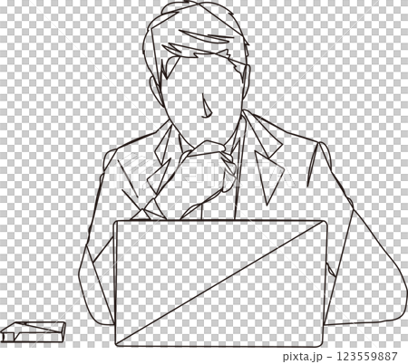 ノートパソコンの前で考えるビジネスパーソンの線画イラスト ノートパソコンの前で考えるビジネスパーソンの線画イラスト 123559887