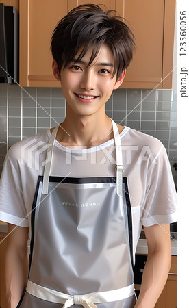 朝日の差し込む広いキッチンに立つエプロンをしたかっこいい男性　AI生成 123560056