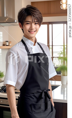 朝日の差し込む広いキッチンに立つエプロンをしたかっこいい男性 AI生成 朝日の差し込む広いキッチンに立つエプロンをしたかっこいい男性 AI生成 123560057