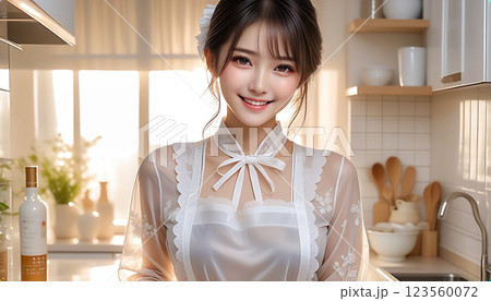 朝日の差し込む広いキッチンに立つエプロンをした綺麗な女性 AI生成 朝日の差し込む広いキッチンに立つエプロンをした綺麗な女性 AI生成 123560072