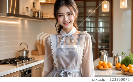 朝日の差し込む広いキッチンに立つエプロンをした綺麗な女性　AI生成 123560073