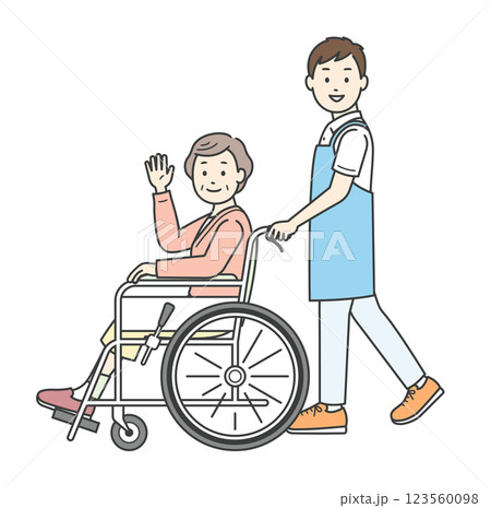 車椅子の高齢女性と介助ををする男性介護士イラスト 123560098