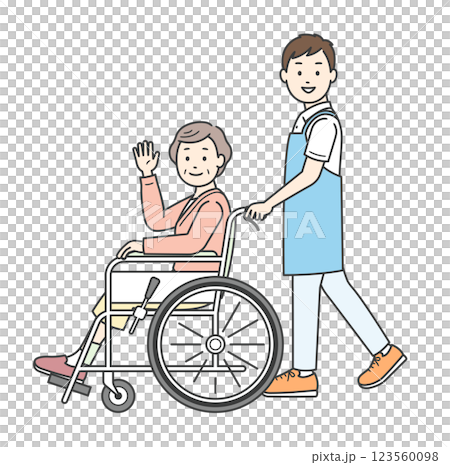 車椅子の高齢女性と介助ををする男性介護士イラスト 123560098