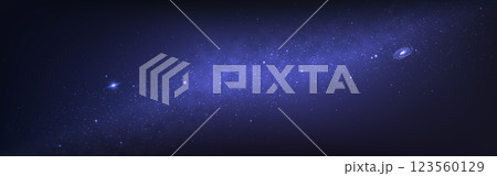 Milky Way galaxy. Glowing deep space with bright stars. Magic spiral galaxy. Universe with stardust for banner or website. Starry cosmos wallpaper. Vector illustration 123560129