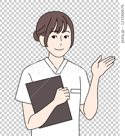 白色のスクラブを着て案内をする看護師 白色のスクラブを着て案内をする看護師 123560676