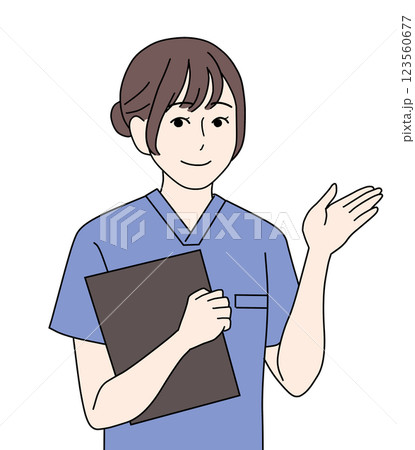 ブルーのスクラブを着て案内をする看護師 ブルーのスクラブを着て案内をする看護師 123560677